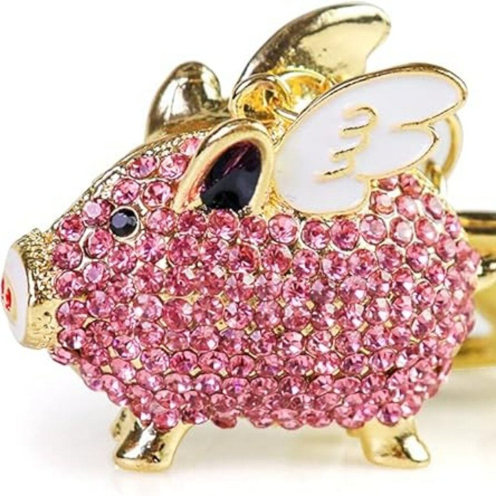 Flying Pig‎ Keychain Pink Rhinestone Bling with Gold - Picture 1 of 4